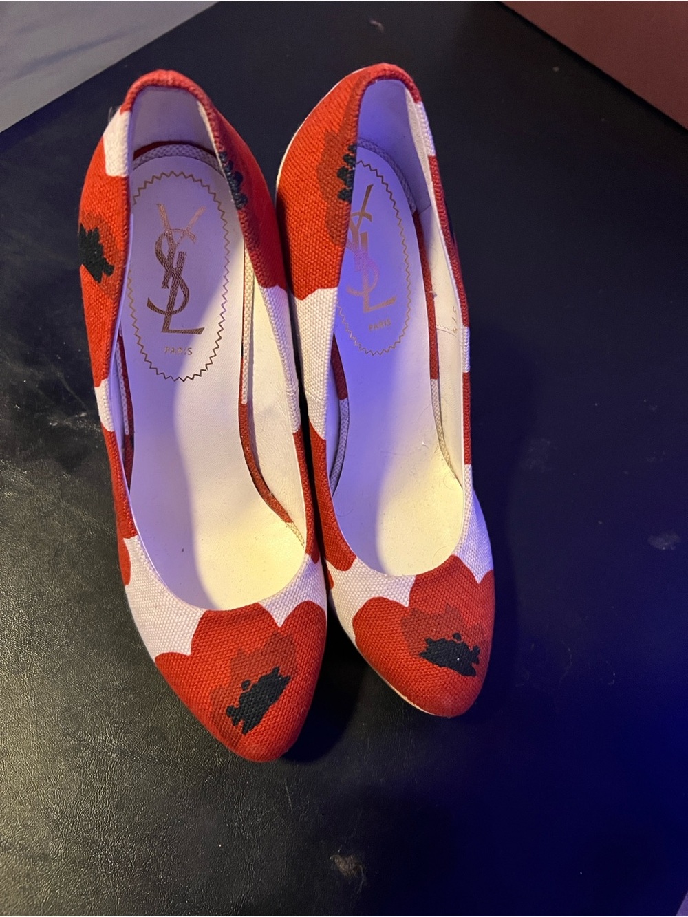 Yves Saint Laurent Red, White & Black Floral Canvas Pumps